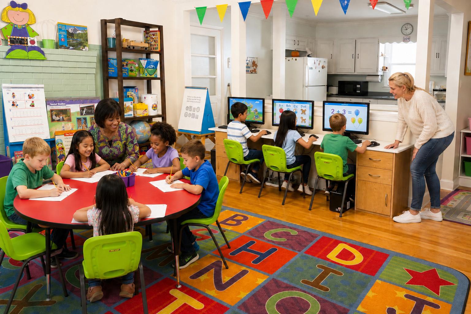 School-age children learning at tables and computers