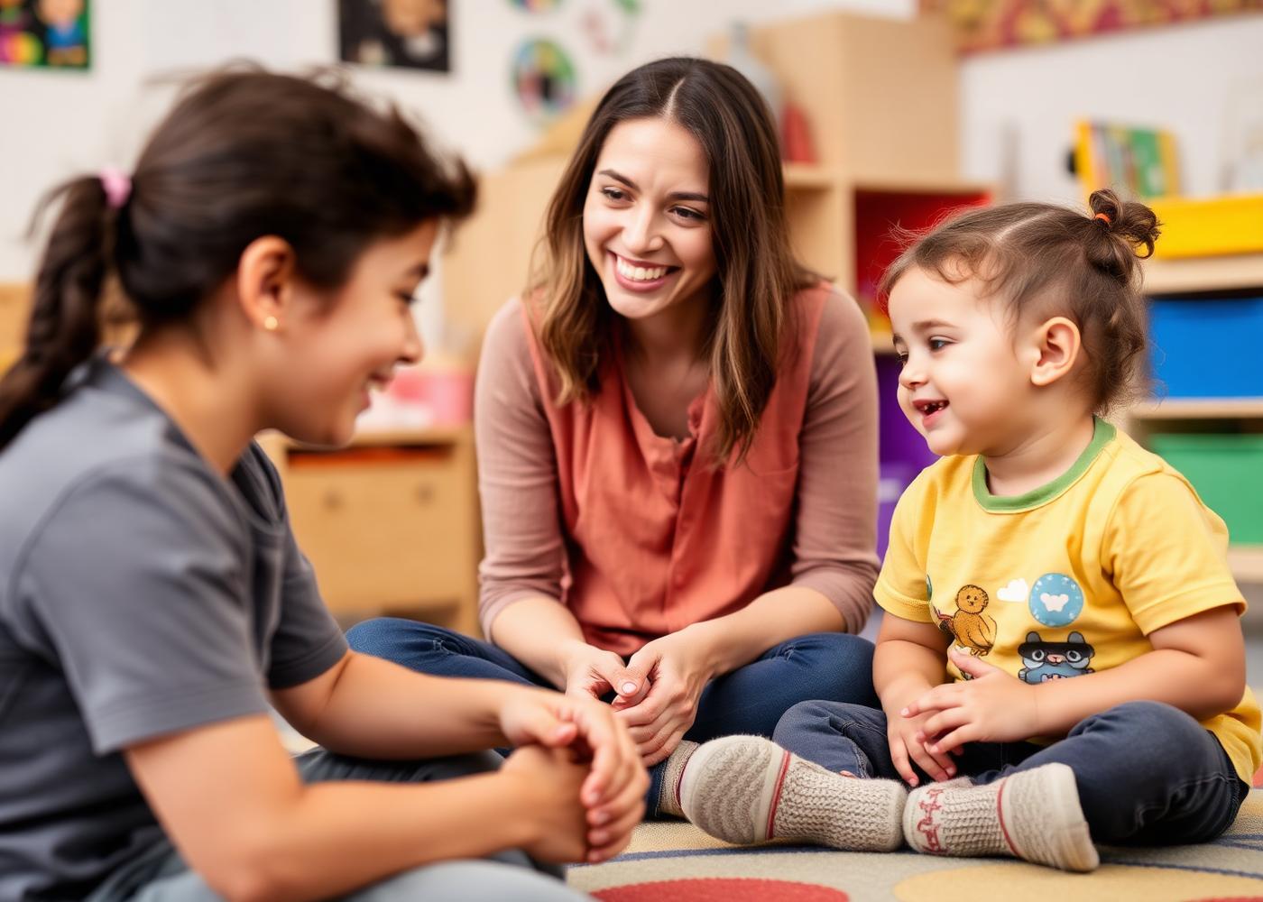 An educator engaging warmly with children at eye level