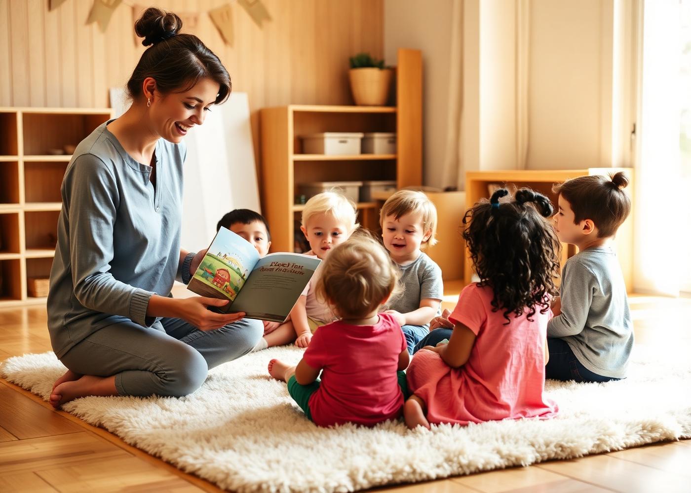 An educator reading with a small, engaged group of children
